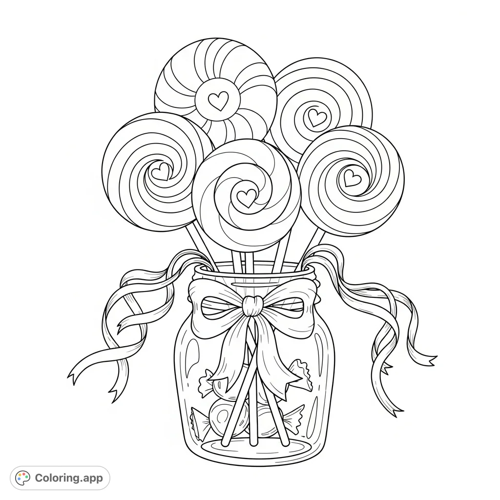 A delightful scene of oversized, swirled lollipops with heart centers, arranged in a decorative jar with playful ribbon streamers and an elaborate bow.