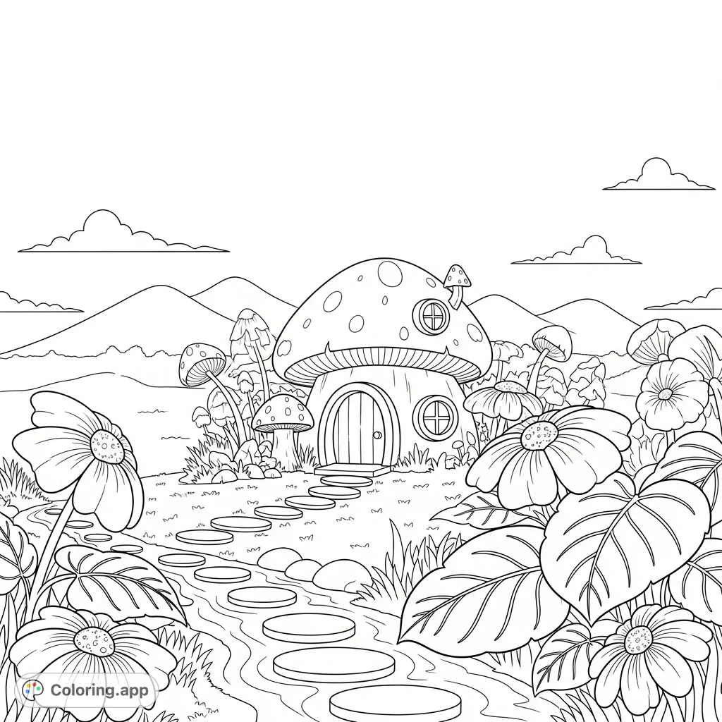 Discover a charming mushroom house nestled among stylized flowers and a flowing stream, perfect for a peaceful and imaginative coloring escape.