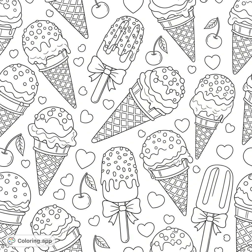 Dive into a delightful repeating pattern of sweet treats! Featuring various ice cream cones, pops, sprinkles, hearts, and cherries for a whimsical coloring adventure.