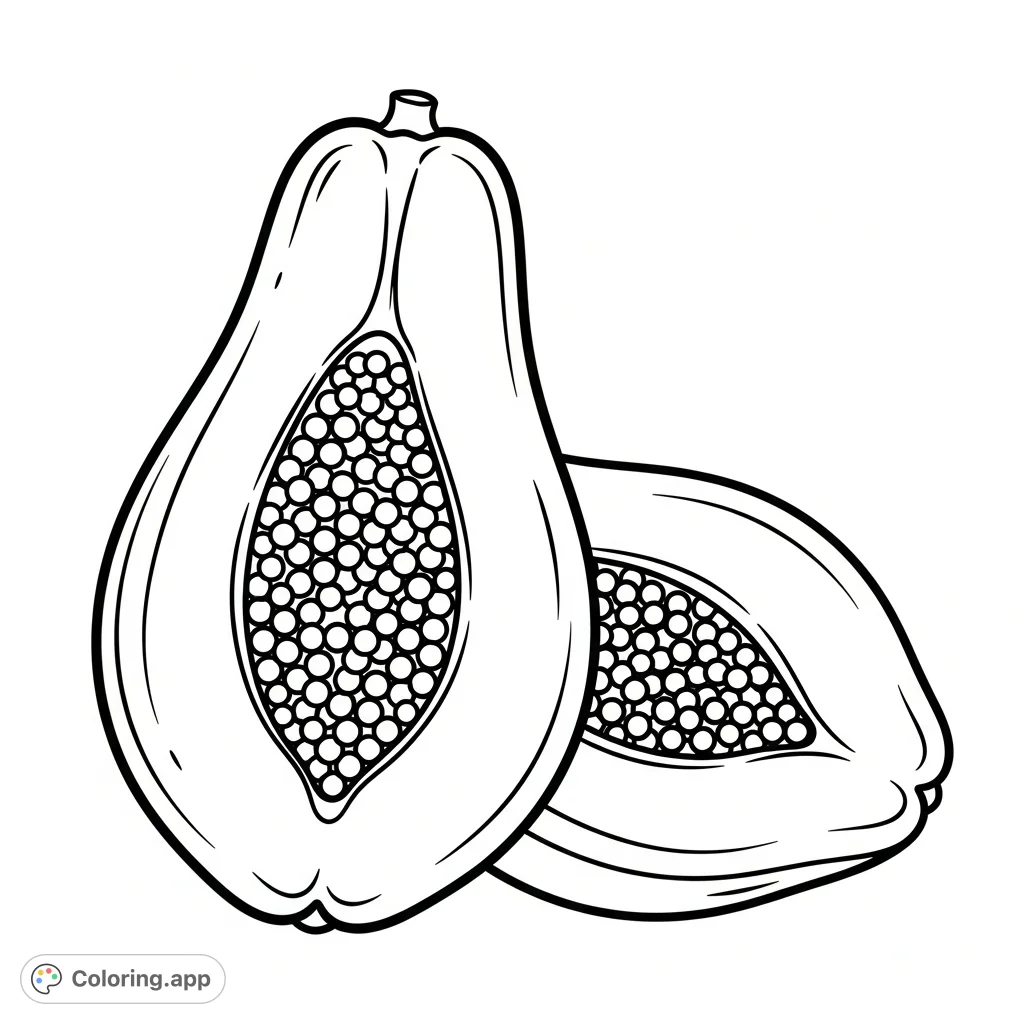 Explore this simple papaya coloring page featuring a whole and a half-sliced fruit. Perfect for learning about tropical produce and practicing basic coloring skills.