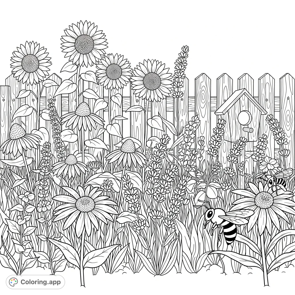 Explore a beautiful wildflower garden with sunflowers, coneflowers, and lavender, complete with a busy bee and a rustic birdhouse. Perfect for nature lovers!