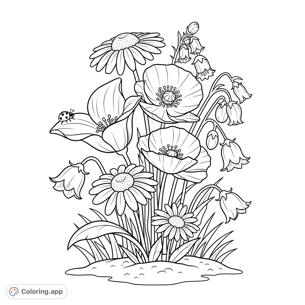 Discover a beautiful wildflower coloring page featuring daisies, poppies, delicate bells, and a tiny ladybug in a lush garden setting.