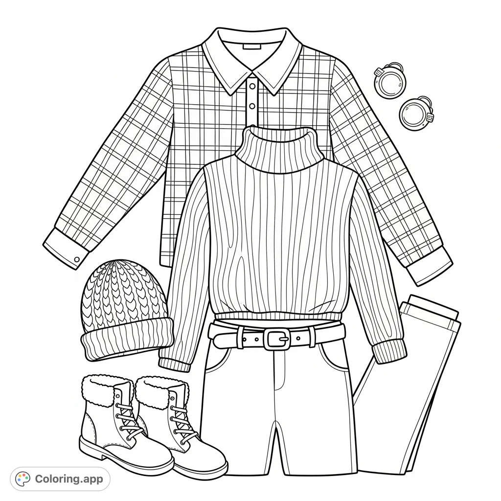Explore a stylish winter ensemble flat lay, featuring a patterned shirt, ribbed sweater, trousers, boots, and accessories. Perfect for fashion enthusiasts.