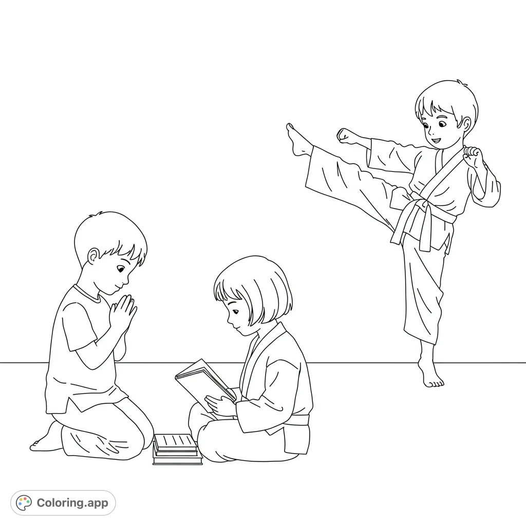 Discover a heartwarming scene of three children engaged in prayer, reading, and karate, symbolizing peace, learning, and discipline. A free printable coloring page for all ages.
