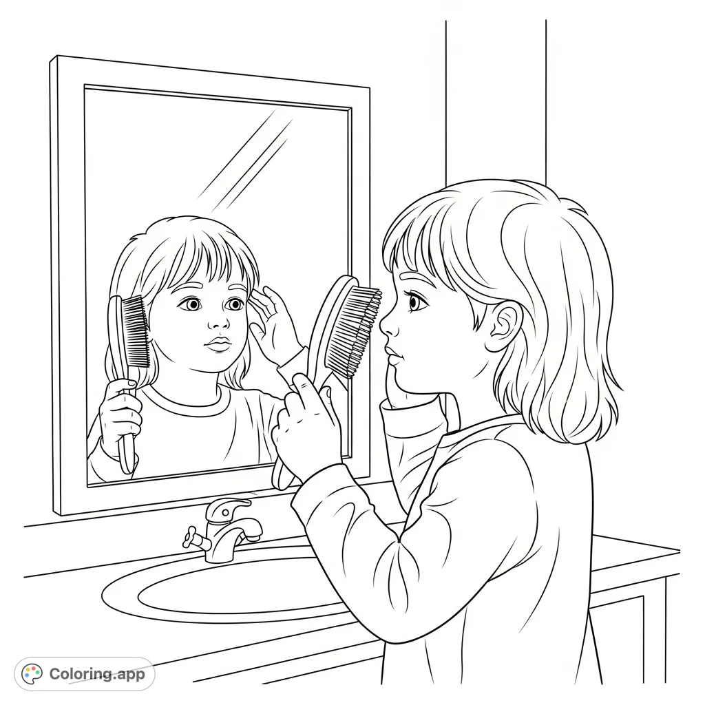 A charming scene of a child focused on their morning routine, brushing their hair while looking into a mirror. Perfect for teaching self-care.