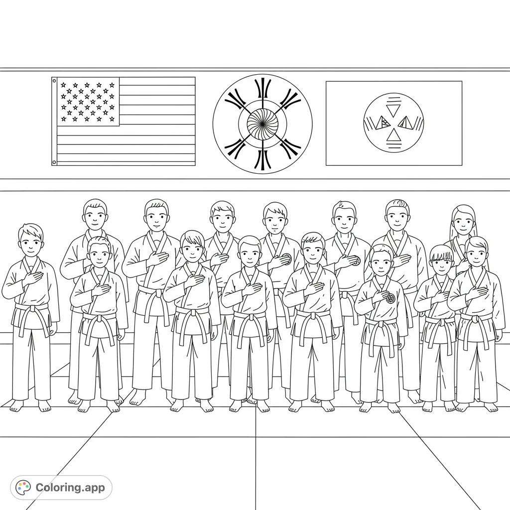 Honor and discipline fill the dojo as karate students salute the flags. A detailed free printable karate coloring page for all ages.