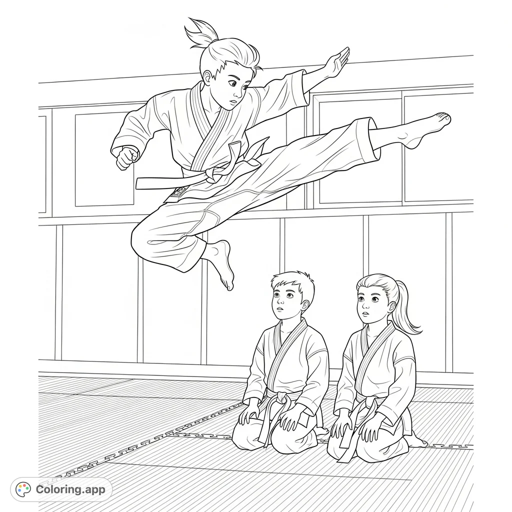 Experience the excitement of martial arts with this dynamic karate kids coloring page, featuring a child mid-air performing a flying jump side kick over kneeling peers.
