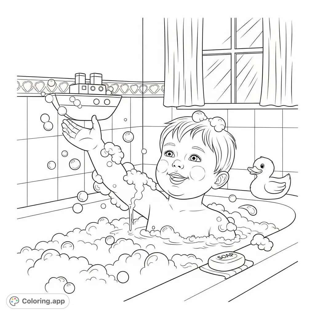 Dive into a delightful bath time coloring page featuring a happy child, playful bubbles, and a toy boat. Perfect for sparking imagination and creativity!