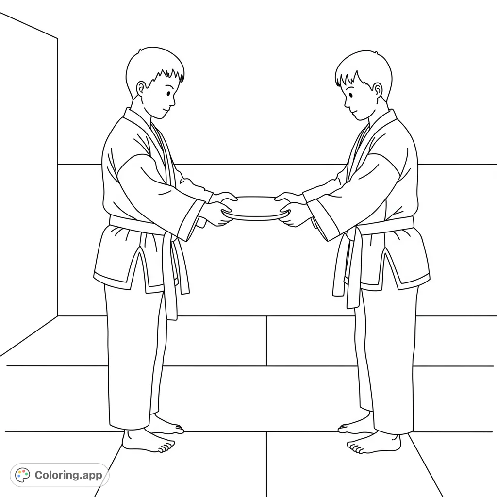 A dynamic karate coloring page featuring two students bowing while respectfully exchanging a kicking paddle, perfect for martial arts enthusiasts.