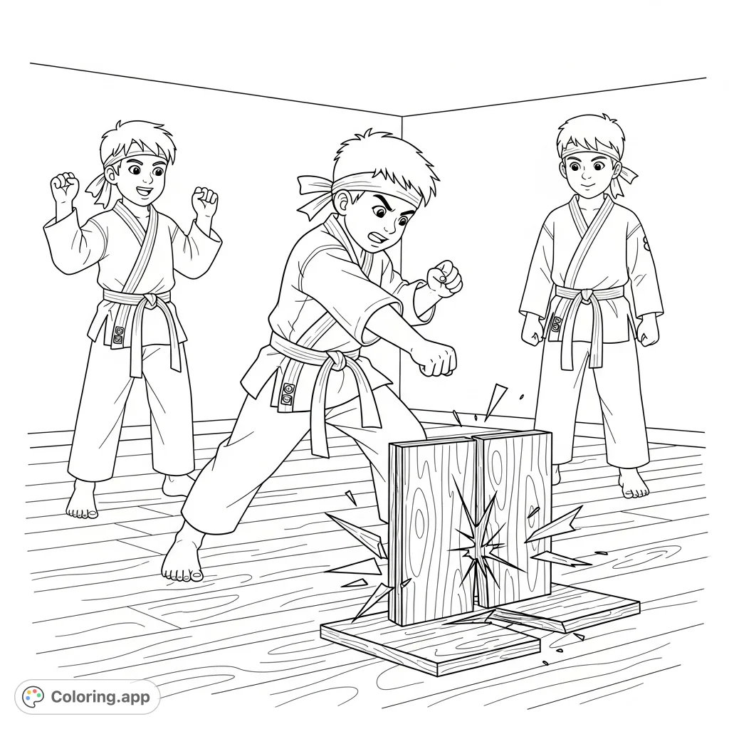 Capture the excitement of martial arts with this dynamic Karate Kids board breaking coloring page. Features children in action, perfect for young enthusiasts.