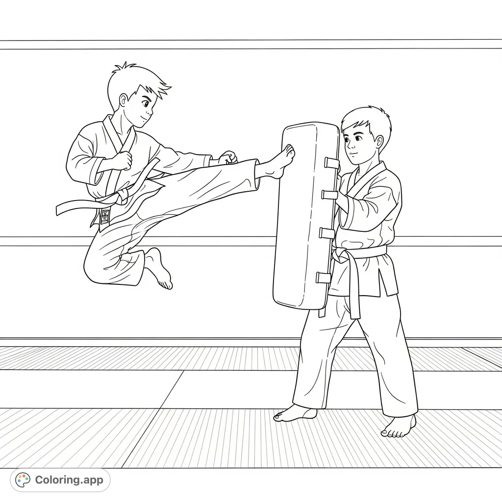 Dynamic karate kids coloring page featuring a powerful jump back kick against a shield. Perfect for martial arts enthusiasts to color and bring to life.
