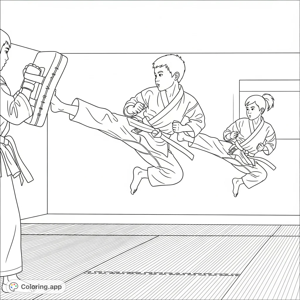 Dynamic karate kids in mid-air, executing powerful jump front kicks against targets. A thrilling martial arts scene for aspiring champions.