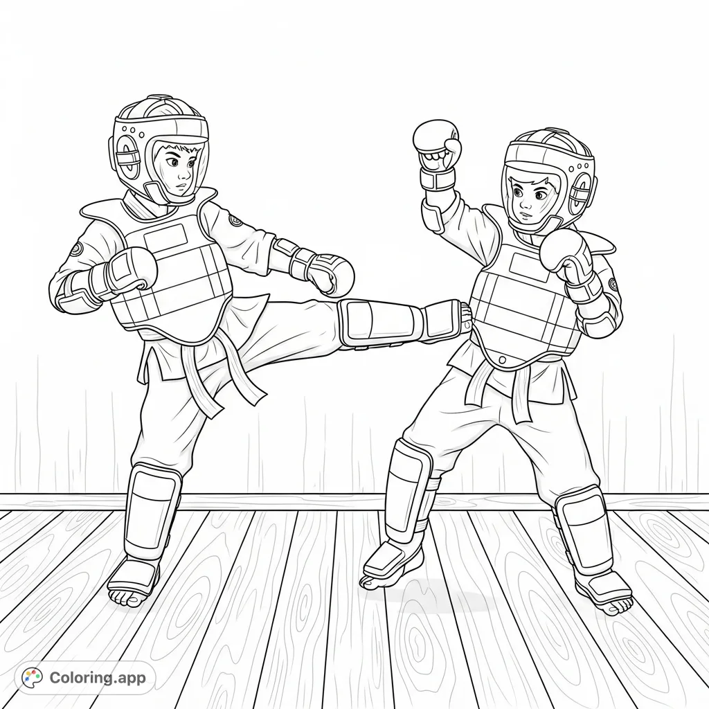 Dynamic Karate Kids in full body armor spar in a dojo. This action-packed scene is perfect for martial arts fans to color, featuring detailed protective gear and energetic poses.