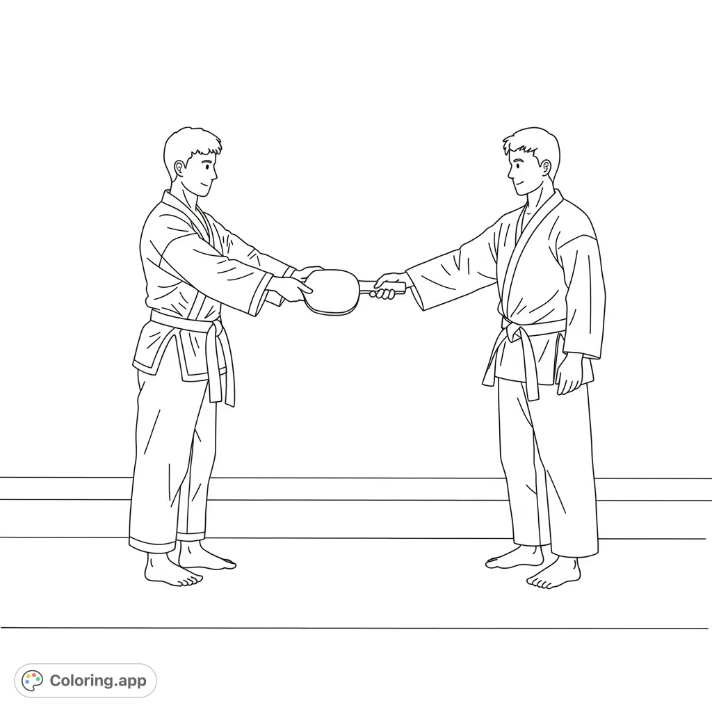 Two karate students in gis bow while exchanging a kicking paddle, embodying discipline and respect. A dynamic scene for martial arts enthusiasts.