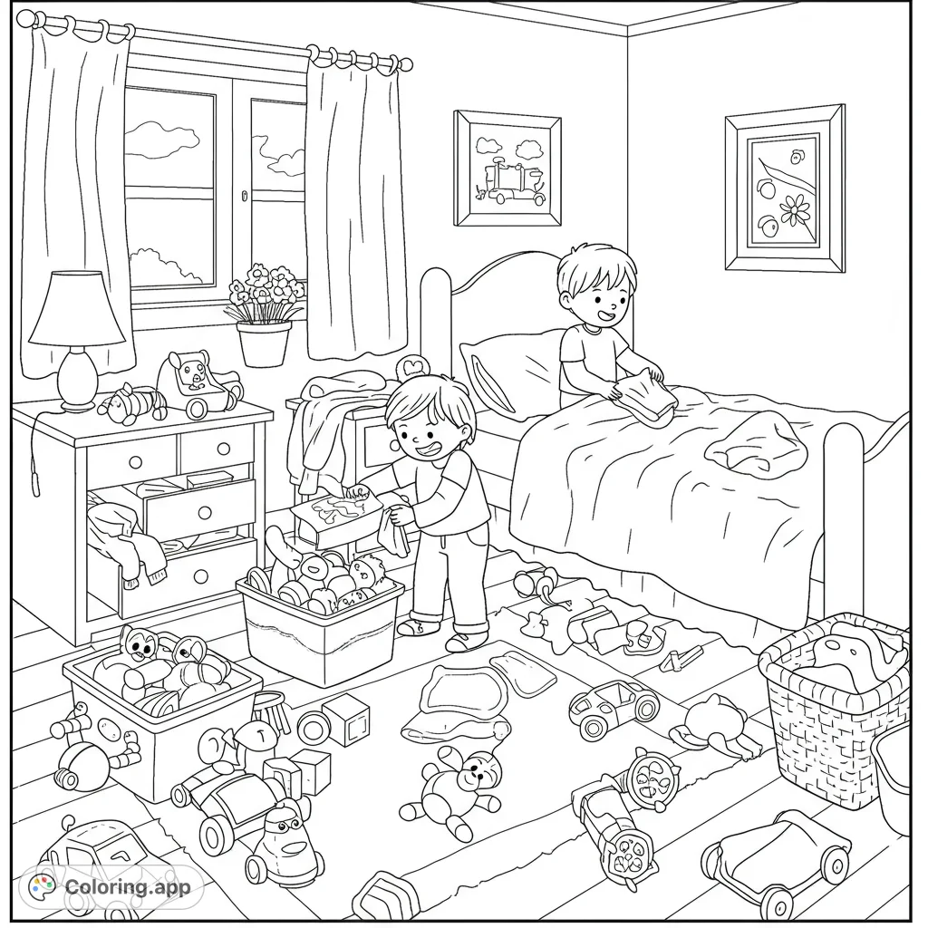 A delightful scene of children tidying their cluttered bedroom, perfect for teaching responsibility and sparking creativity. A fun, free printable activity.