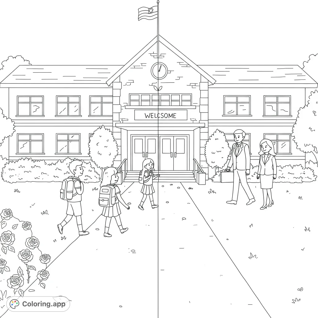 A charming school day scene featuring children entering and adults exiting, perfect for a free printable coloring page.