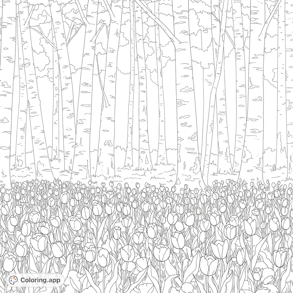 A beautiful woodland scene featuring tall trees and a vibrant array of tulips blooming on the forest floor, perfect for nature lovers.