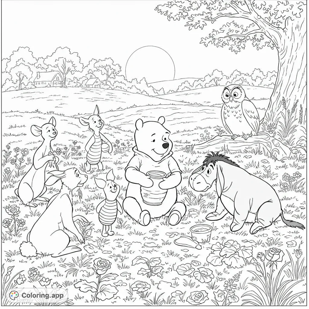 Join Winnie the Pooh and his friends in a heartwarming sunset scene. A delightful free printable coloring page for kids and fans of the Hundred Acre Wood.