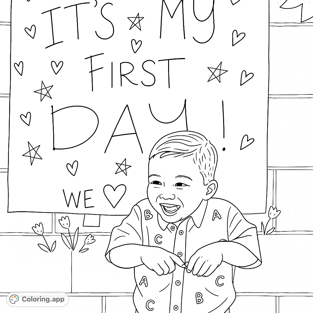 Celebrate a special milestone with this 'First Day' coloring page featuring a happy child and a festive sign. Perfect for young learners!