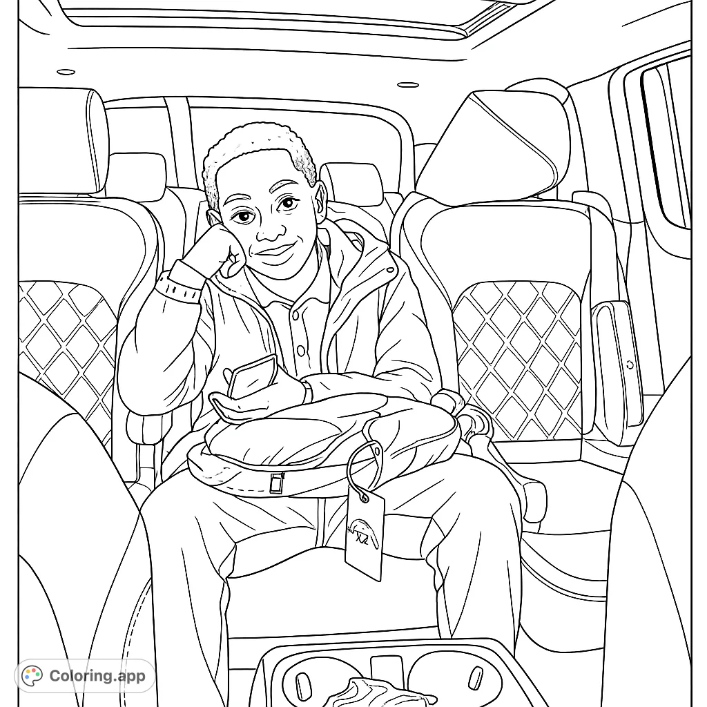A young person relaxes in a car's back seat, ready for a creative journey. Perfect for teens and everyday scene enthusiasts.