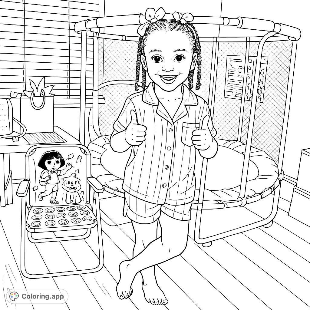 A cheerful child in striped pajamas gives two thumbs up, surrounded by playful room elements. Perfect for young colorists.