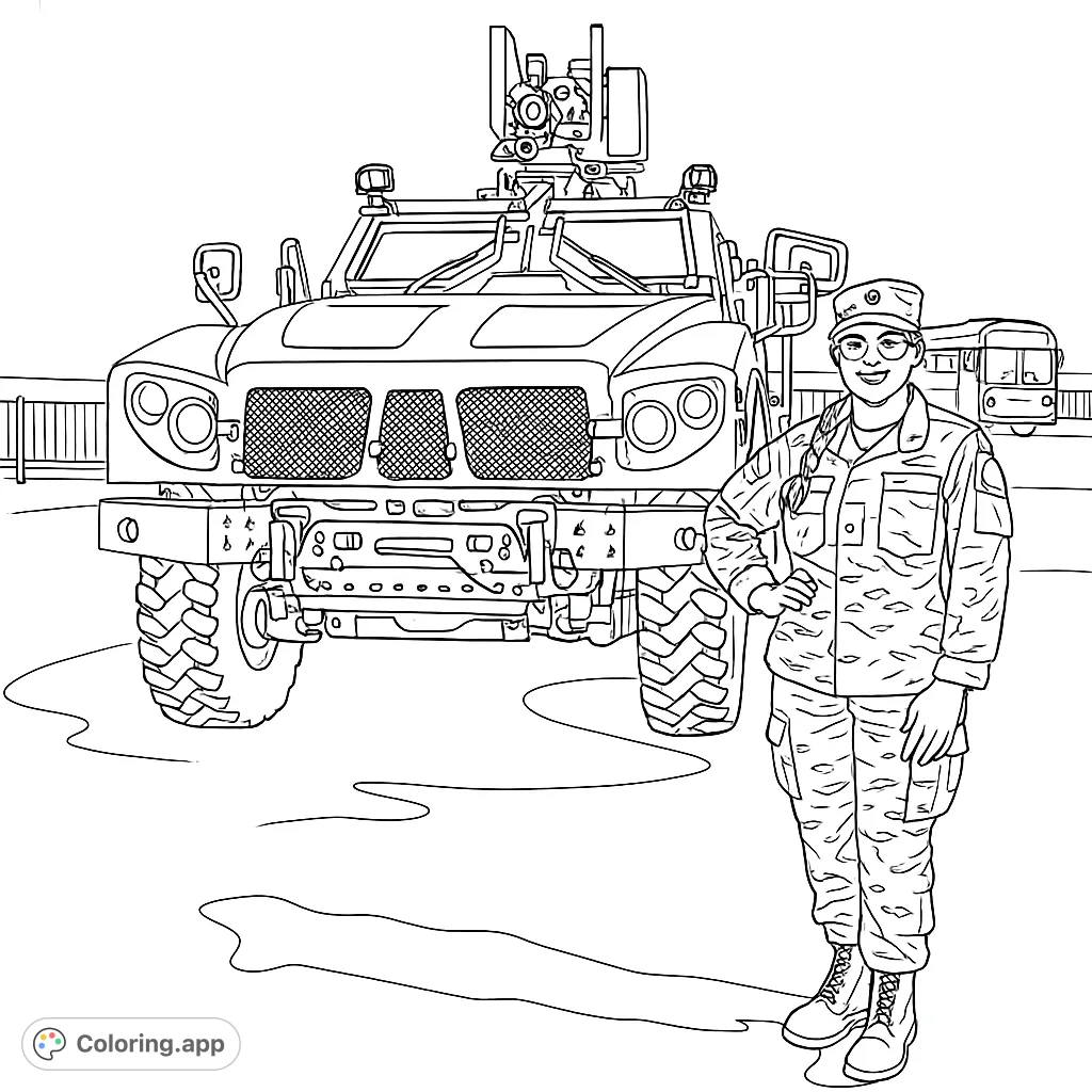 A detailed military vehicle and a person in uniform, perfect for a patriotic coloring page. Explore intricate designs and realistic elements.