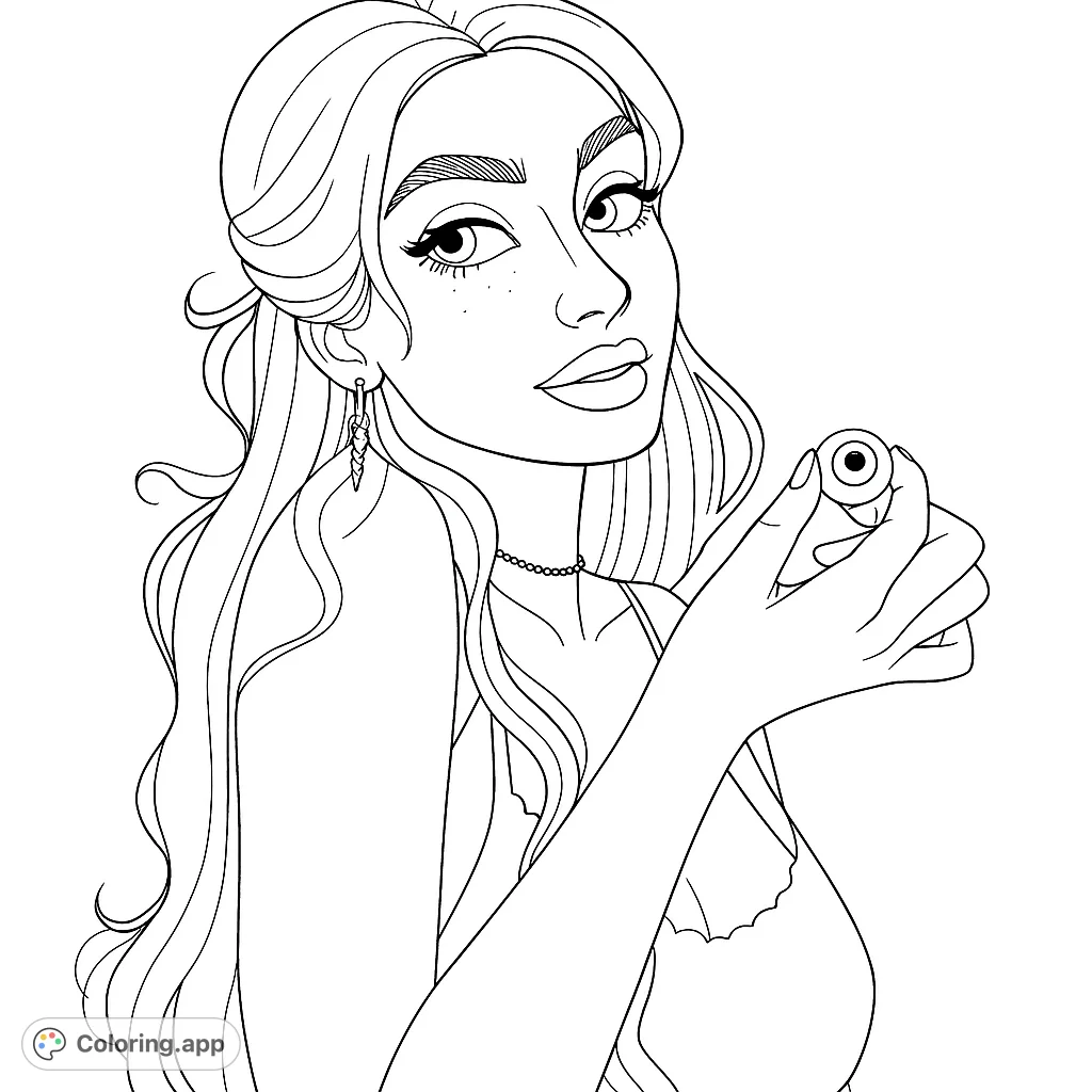 A captivating portrait of a woman with a mysterious gaze, delicately holding a unique spherical object. Perfect for gothic and fantasy coloring page enthusiasts.