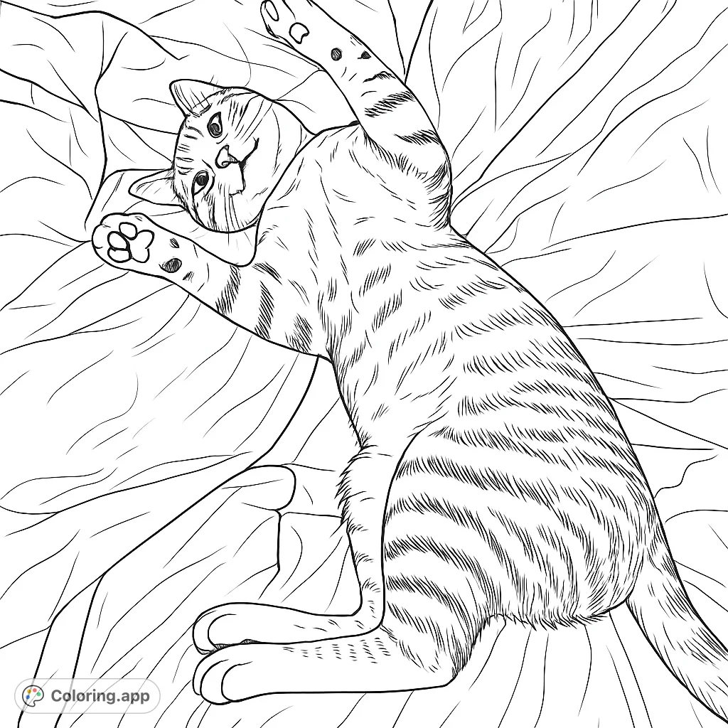 A charming feline rests playfully on a soft, patterned blanket, inviting creative expression. Perfect for cat lovers and relaxation.