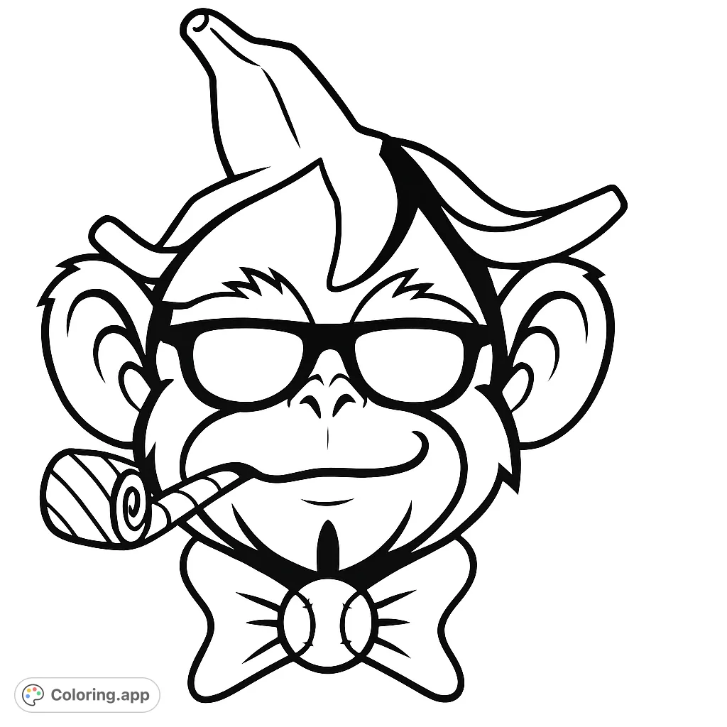 A fun cartoon monkey wearing sunglasses, a banana hat, and a party blower, ready for celebration. Perfect for a playful coloring experience.