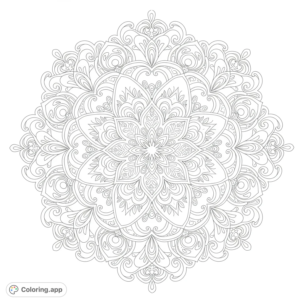A detailed floral mandala with intricate patterns and a subtly integrated, empowering script for adult colorists.