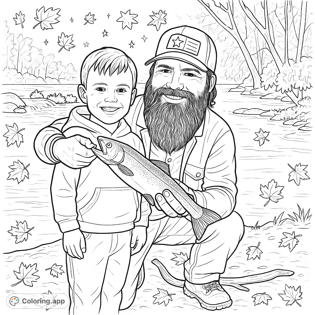 Capture a heartwarming fishing moment! A father and child proudly display their catch by a river, surrounded by nature.
