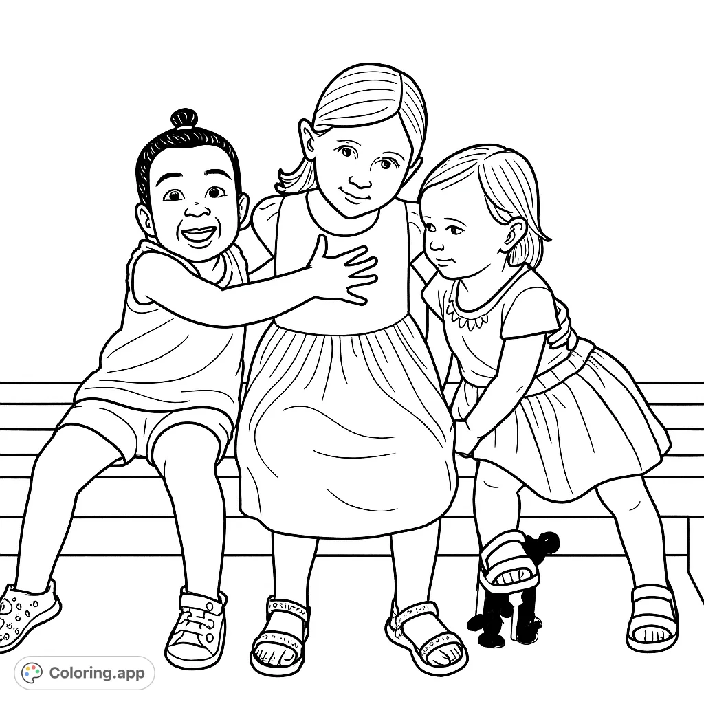 A heartwarming scene of three smiling girls sitting closely on a bench, perfect for a delightful friendship coloring page experience.