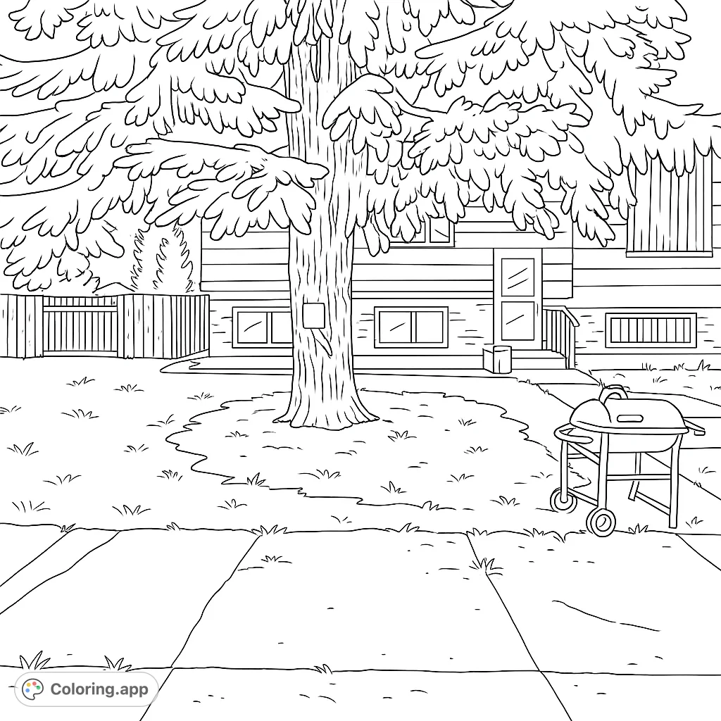 Explore a detailed suburban house and its expansive front yard, featuring a grand tree, fence, and everyday elements. A realistic scene for creative coloring.