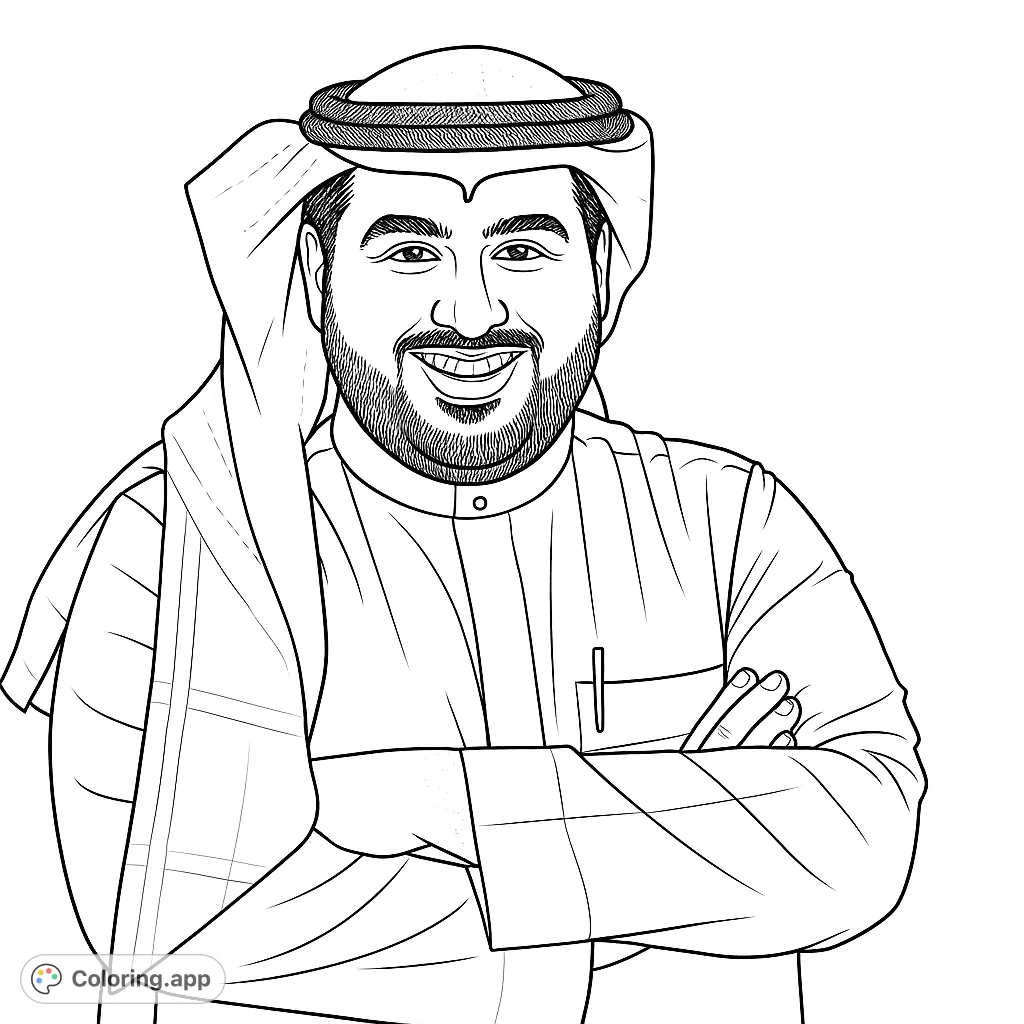 A smiling man in traditional attire, perfect for cultural exploration and creative expression. A free printable coloring page for all ages.