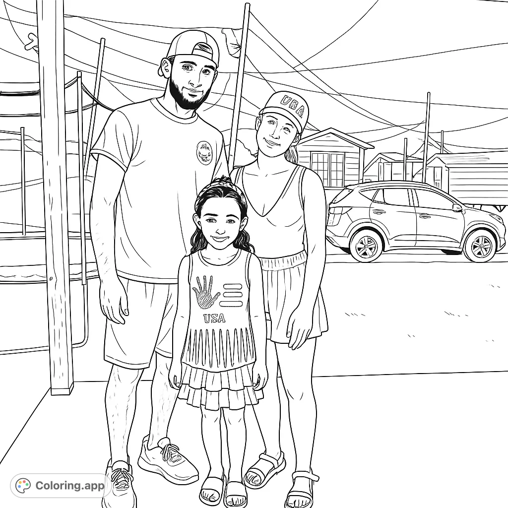 Celebrate family and patriotism with this heartwarming coloring page featuring a family of three in festive attire, perfect for all ages.