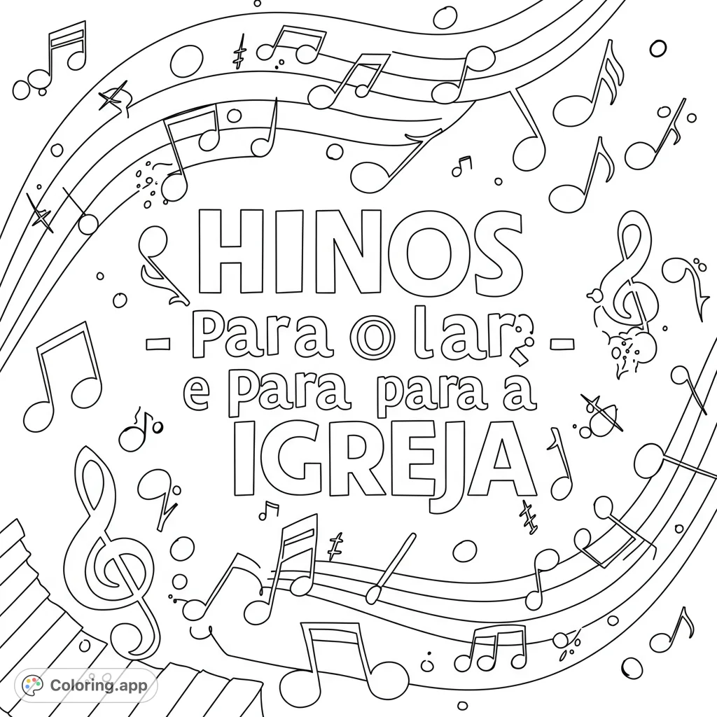 A minimalist music notes coloring page featuring "Hinos — Para o Lar e para a Igreja" in a wide font, surrounded by various musical symbols.