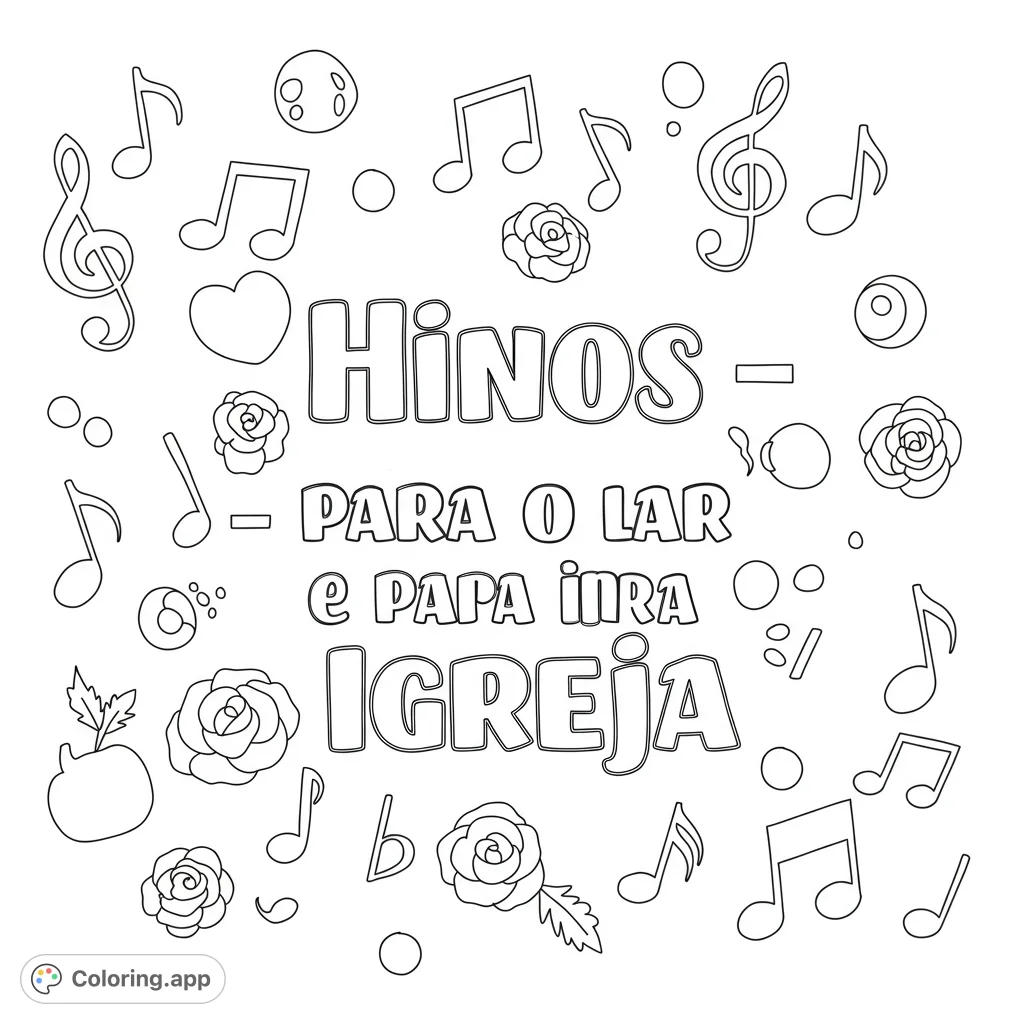A minimalist "Hinos" coloring page featuring prominent text with wide letters and scattered music notes, perfect for a clean, calming coloring experience.