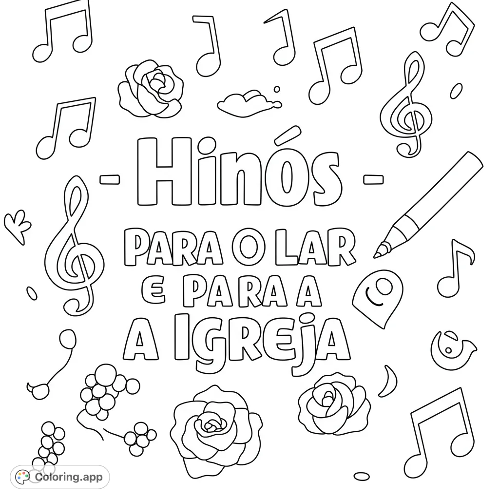 A minimalist "Hinos" coloring page featuring prominent text with wide letters and scattered music notes, perfect for a clean, calming coloring experience.