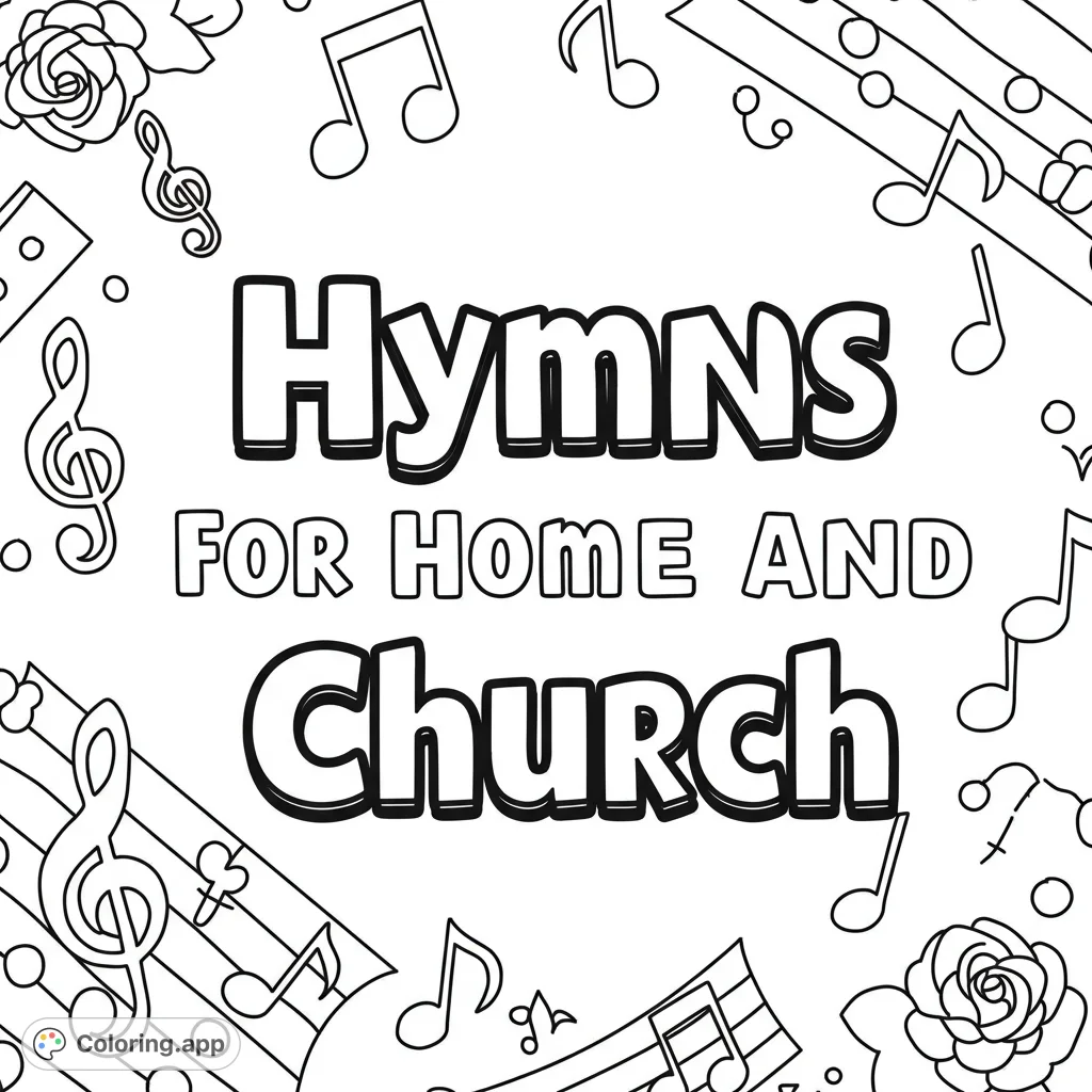 A simple, engaging hymns coloring page featuring a bold, colorable title and playful music notes, perfect for young artists.