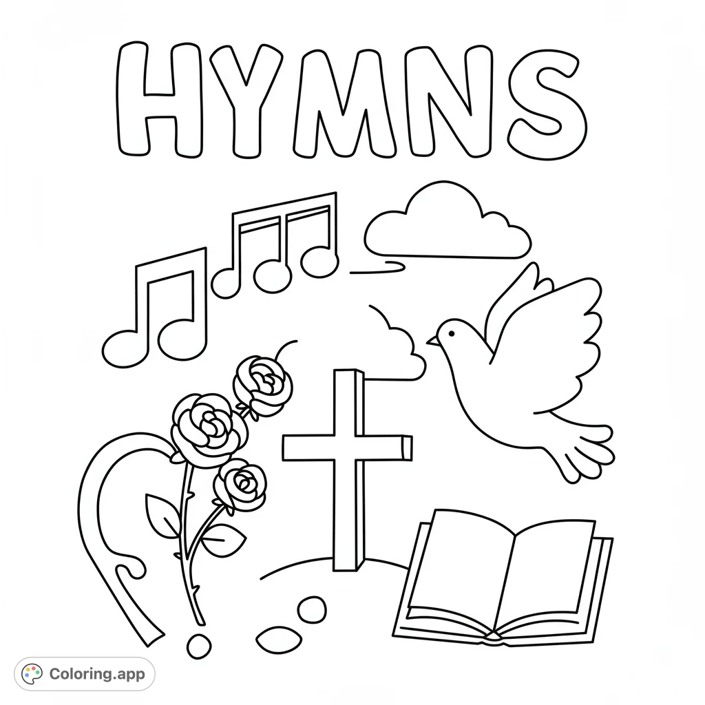 A simple, inspiring hymn coloring page with bubble text and iconic symbols like music notes, a cross, and a dove, perfect for all ages.