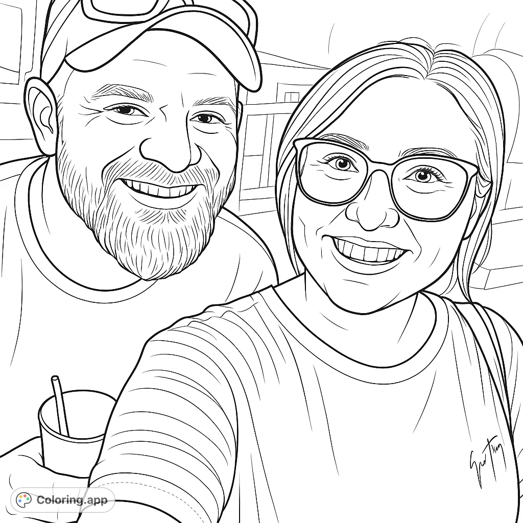 A heartwarming portrait of two smiling individuals, perfect for personalizing with your favorite shades. A free printable happy couple coloring page.