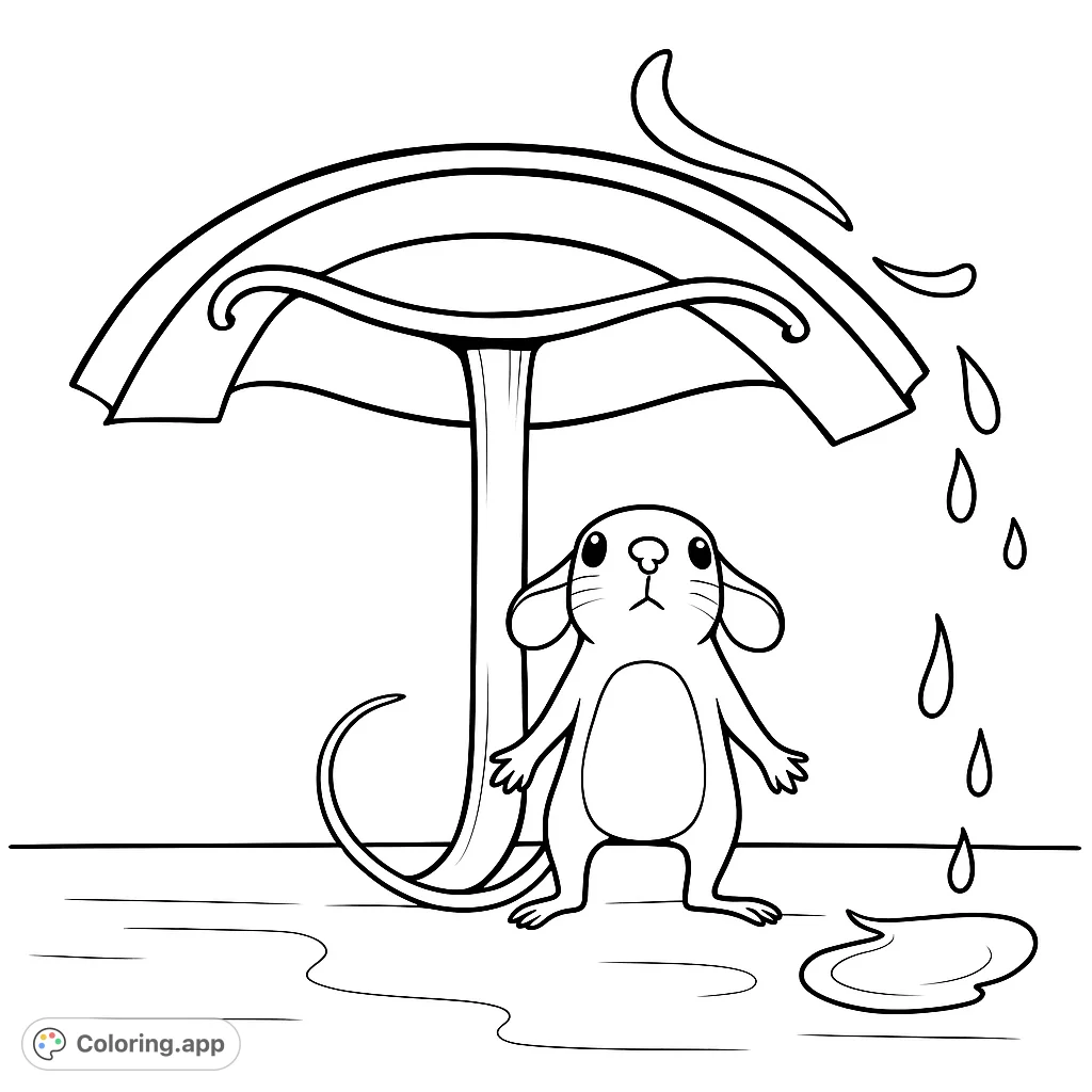 A charming coloring page featuring a curious mouse-like creature sheltering under a unique, curved structure as liquid falls, perfect for all ages.