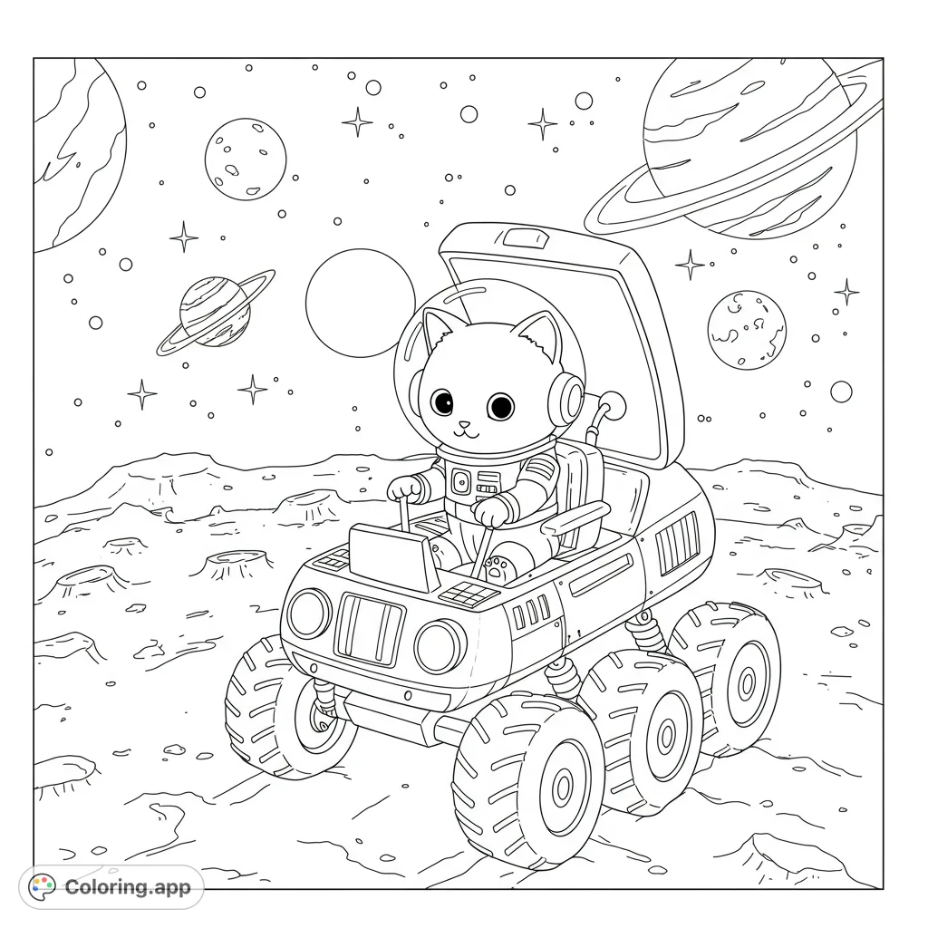 An adorable kitty in a space helmet drives a rover on the moon, with planets in the cosmic background. A fun space adventure coloring page.