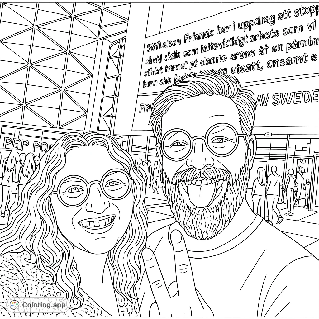 A cheerful duo wearing unique round glasses, posing playfully in front of a large building with a crowd, perfect for a fun and engaging coloring experience.
