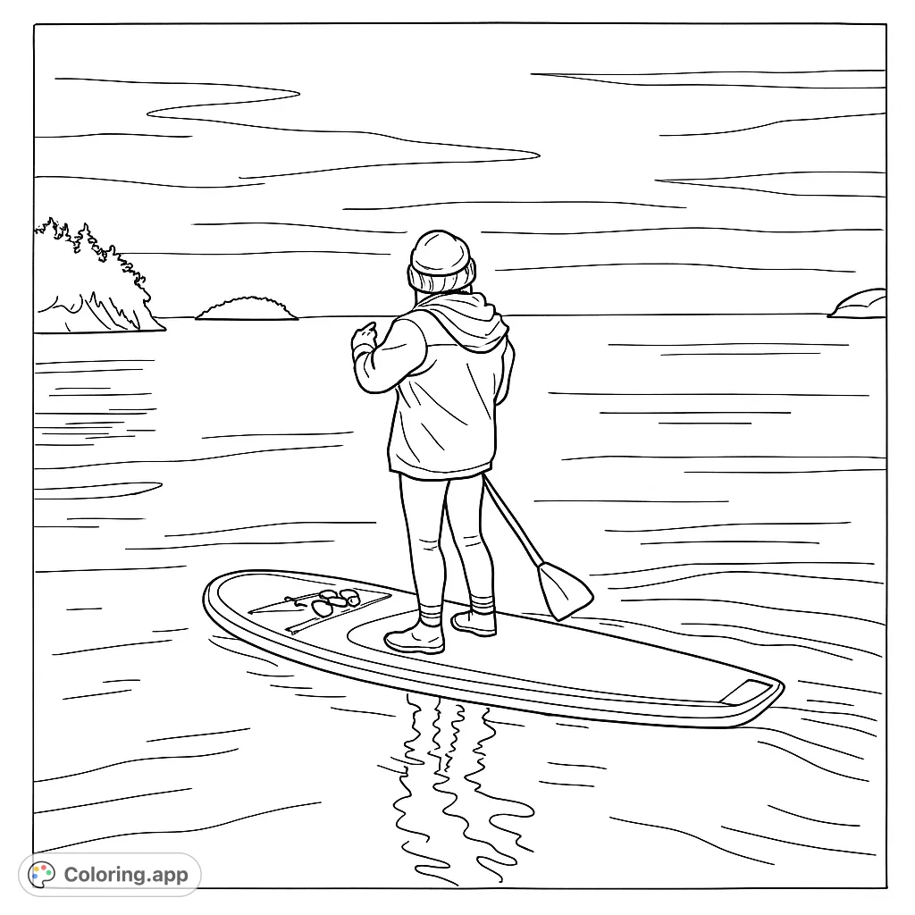 Explore a serene paddleboarding scene with a person on calm waters, surrounded by distant islands. A relaxing outdoor adventure awaits your creative touch.