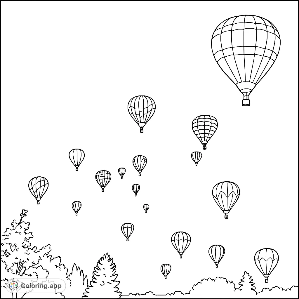 Soar into creativity with this hot air balloon coloring page! Features numerous balloons with unique patterns floating above a scenic landscape.