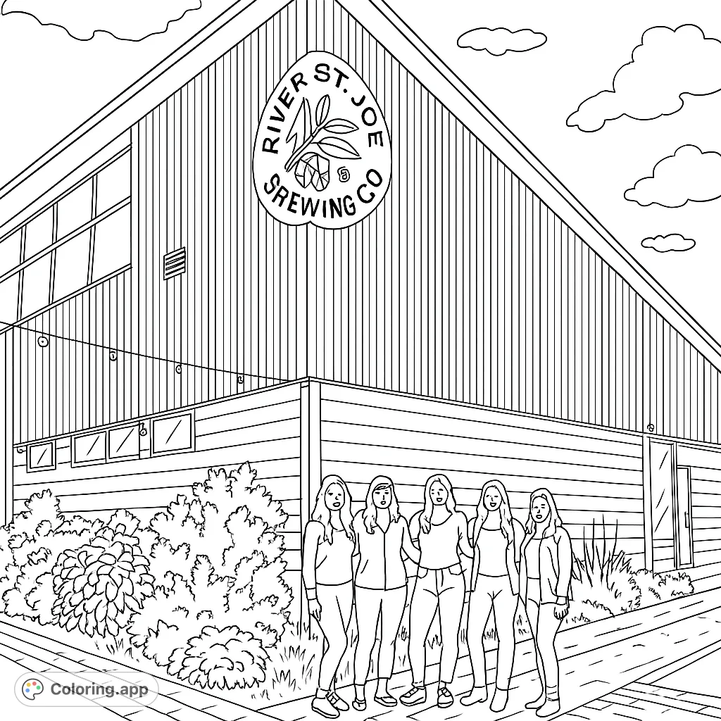 A group of friends posing in front of a distinctive brewery building with a unique sign and surrounding greenery. Perfect for urban exploration fans.