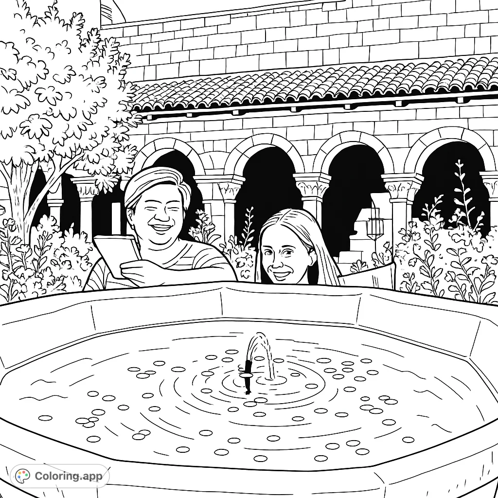 A delightful courtyard scene featuring two smiling friends leaning over a stone fountain, surrounded by historic architecture and lush garden plants. Perfect for relaxation.