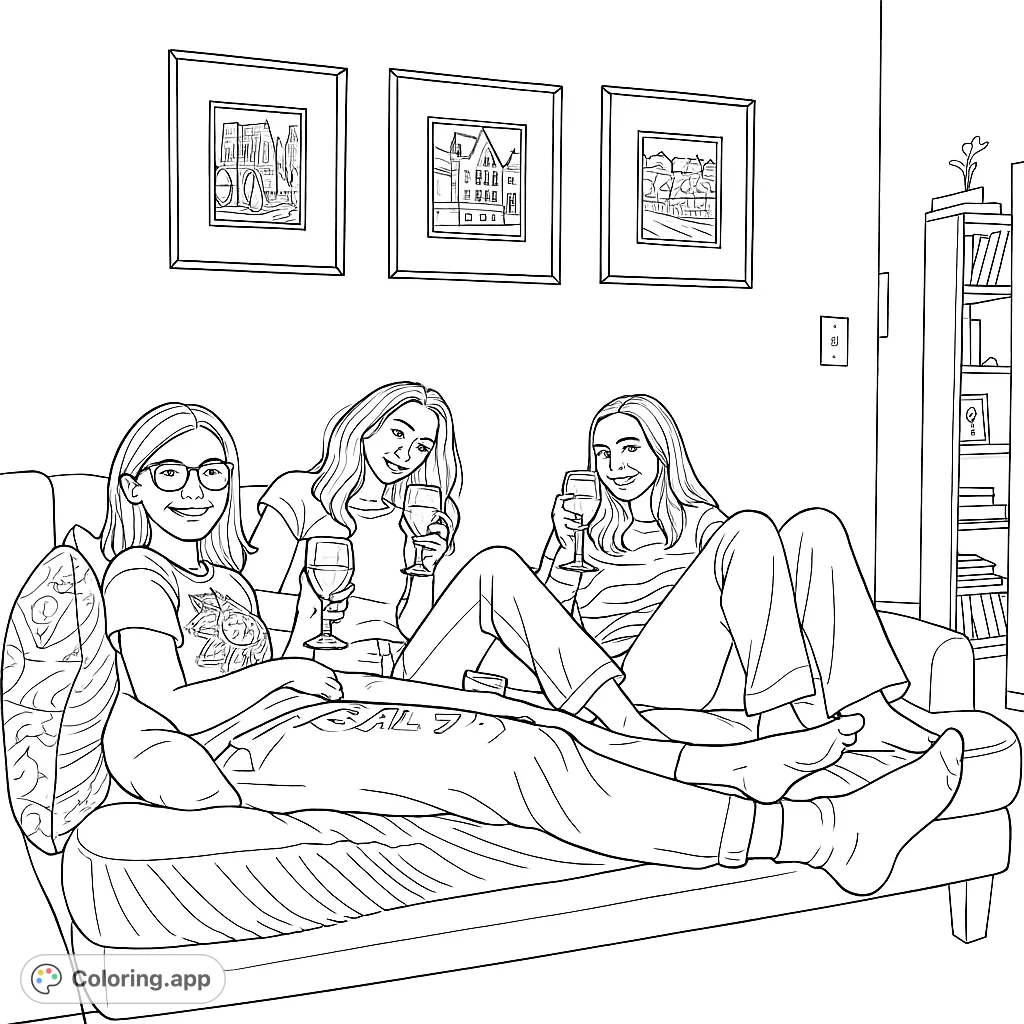 A heartwarming scene of three friends relaxing on a sofa, enjoying a cozy gathering. Perfect for a relaxing coloring experience.