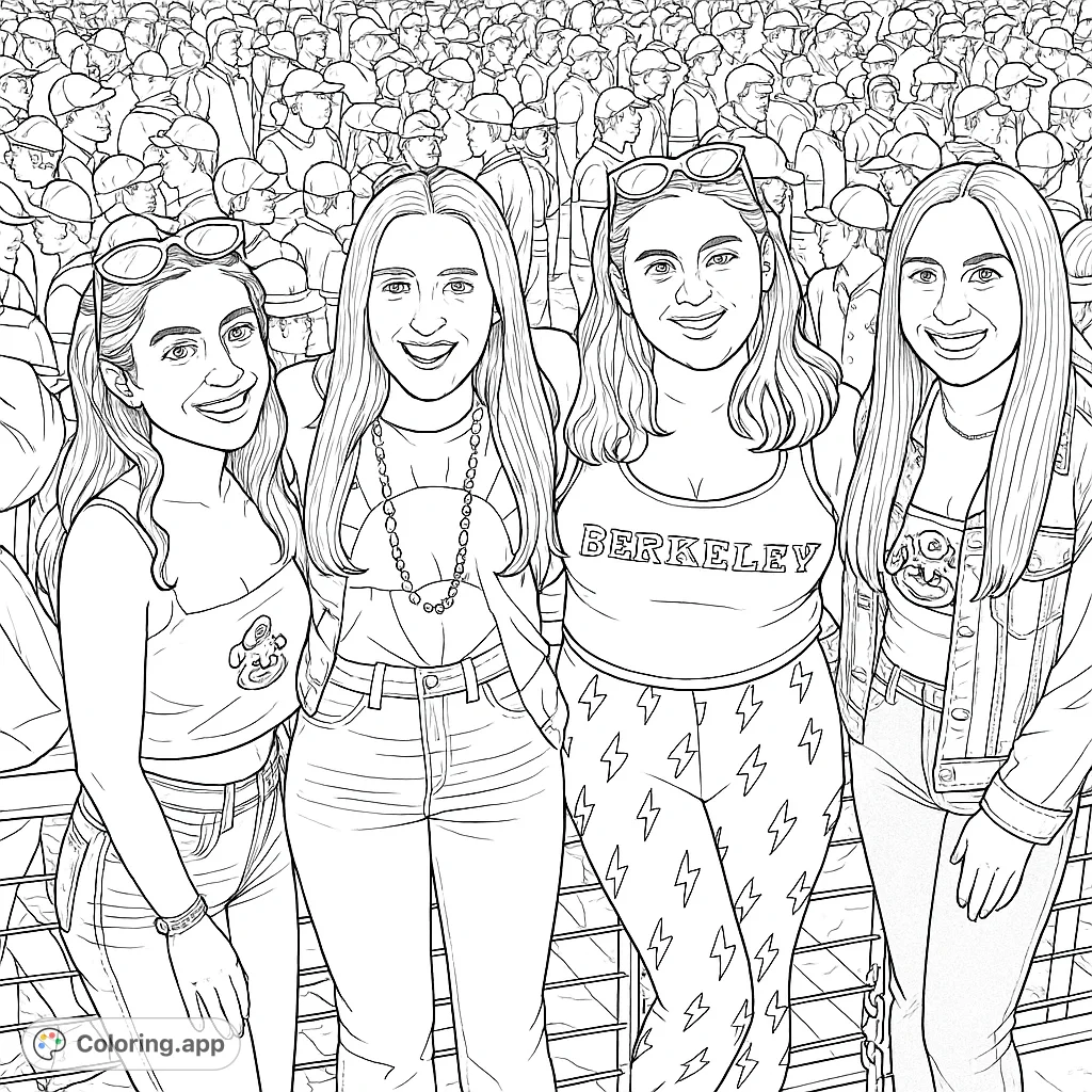 Four smiling friends pose at a lively stadium event, surrounded by a cheering crowd. A detailed scene perfect for capturing a moment of camaraderie.